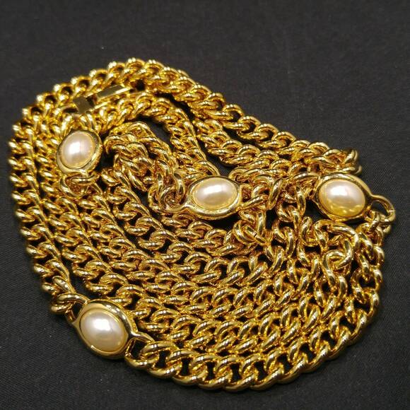 Vintage Long Gold Plated Chain Necklace, 4 Pearled Reversible Cabochons, 36 Inch - Picture 2 of 9